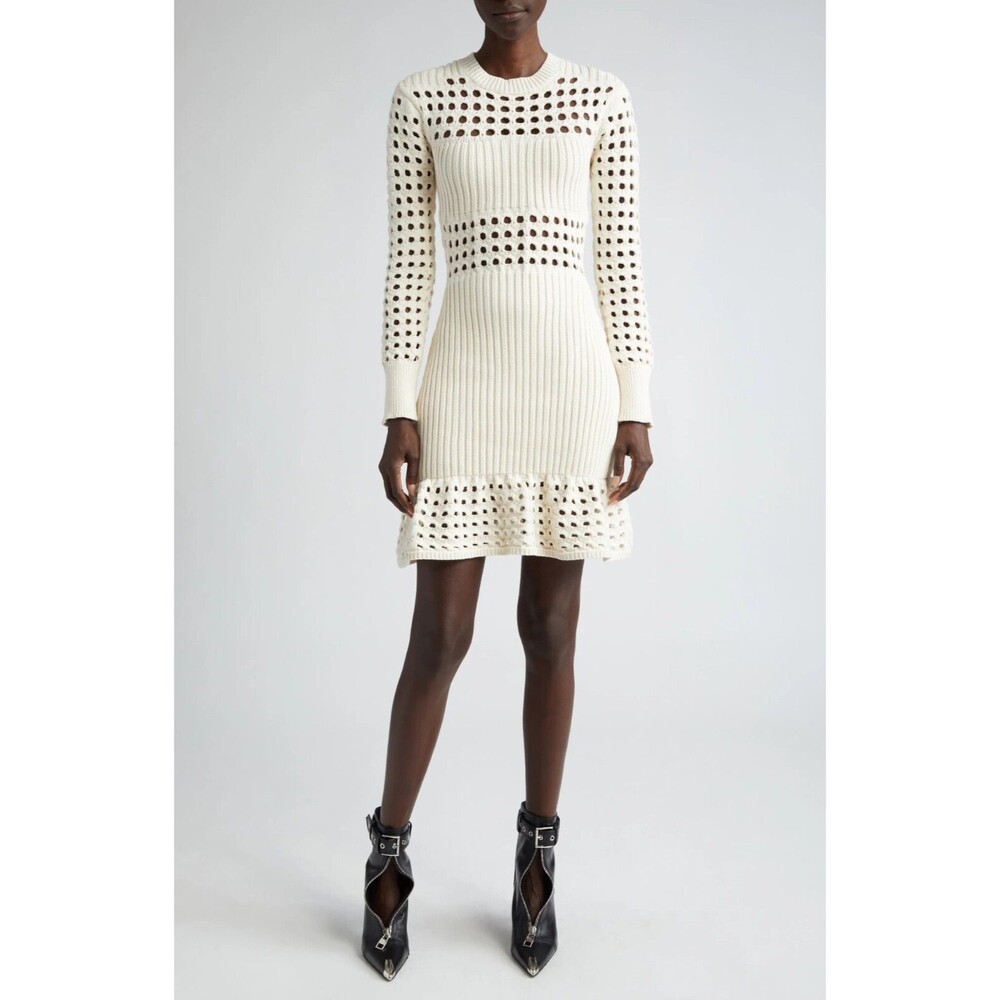 $1960 Alexander McQueen Women's Knit Mesh Midi Sweater Dress Ivory Size XXL
